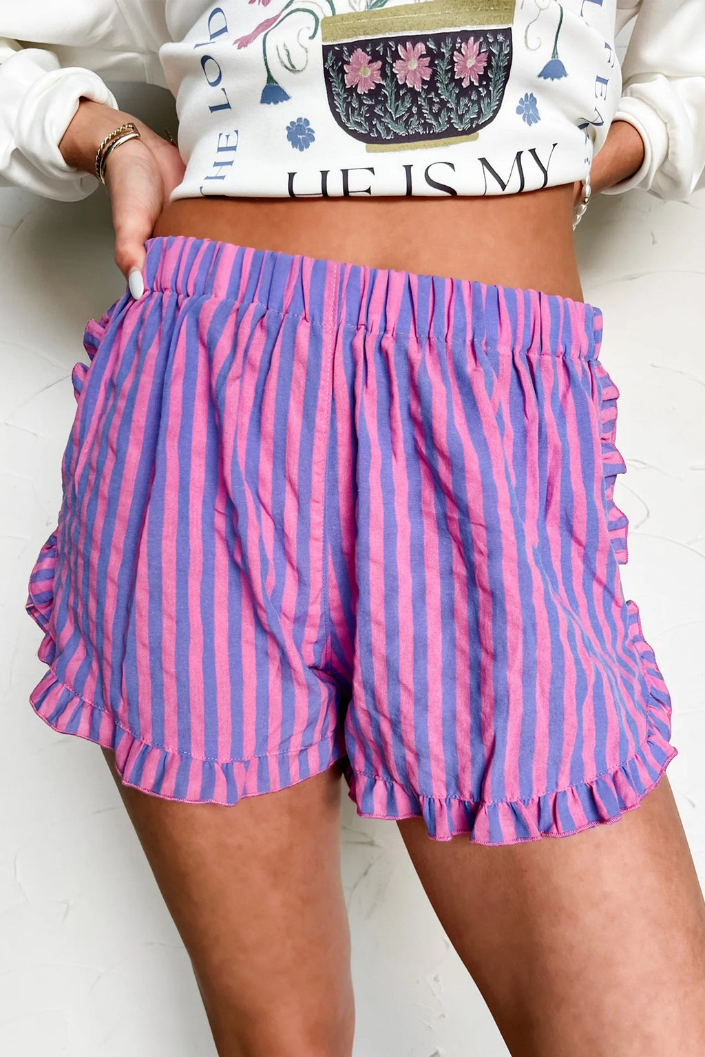 Stripe Elastic Waist Ruffle Trim Casual Shorts Rose Stripe