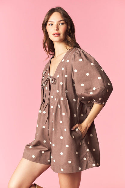 Polka Dot Twill Bubble Sleeve Romper Mocha