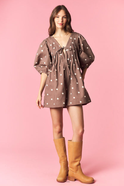Polka Dot Twill Bubble Sleeve Romper Mocha