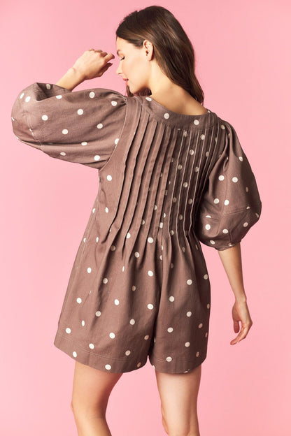 Polka Dot Twill Bubble Sleeve Romper Mocha