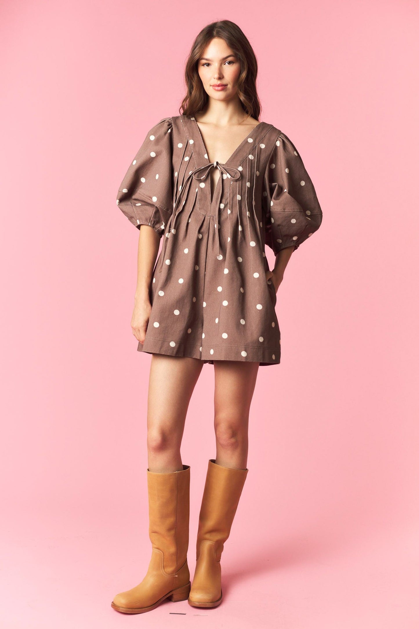 Polka Dot Twill Bubble Sleeve Romper Mocha