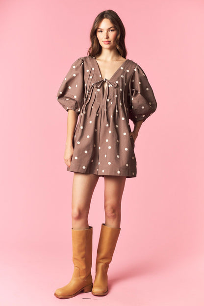 Polka Dot Twill Bubble Sleeve Romper Mocha