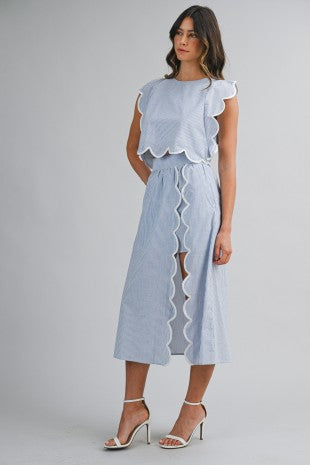 Pinstripe Sleeveless Scallop Trim Crop Top And Skirt Set