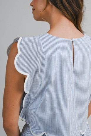 Pinstripe Sleeveless Scallop Trim Crop Top And Skirt Set
