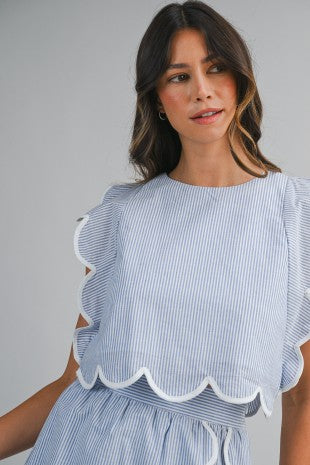 Pinstripe Sleeveless Scallop Trim Crop Top And Skirt Set