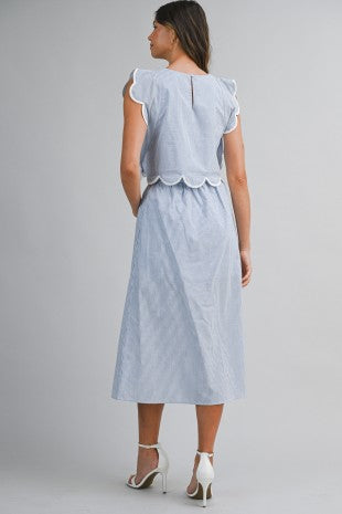 Pinstripe Sleeveless Scallop Trim Crop Top And Skirt Set