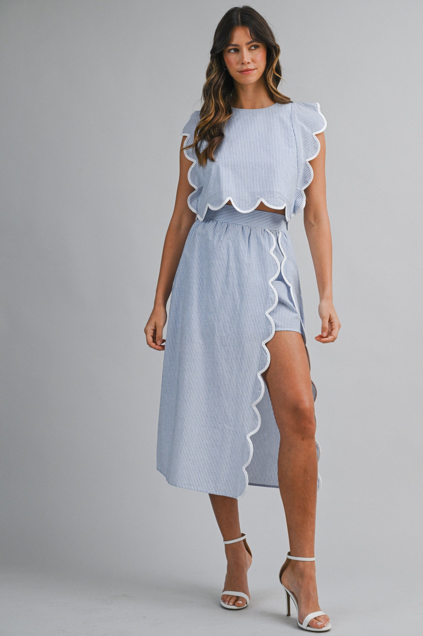 Pinstripe Sleeveless Scallop Trim Crop Top And Skirt Set