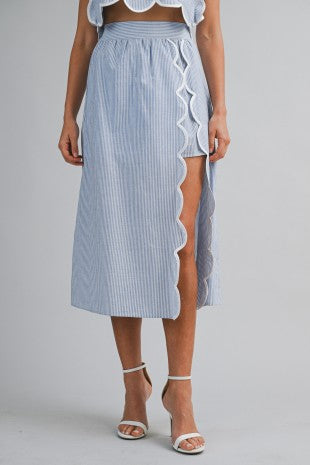 Pinstripe Sleeveless Scallop Trim Crop Top And Skirt Set