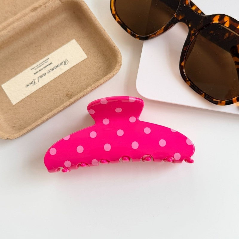 Retro Polka Dot Hair Claw - Glossy Spotted French Style Clip-Pink