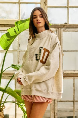 WWJD Embroidered Mock Neck Oversized Sweatshirt