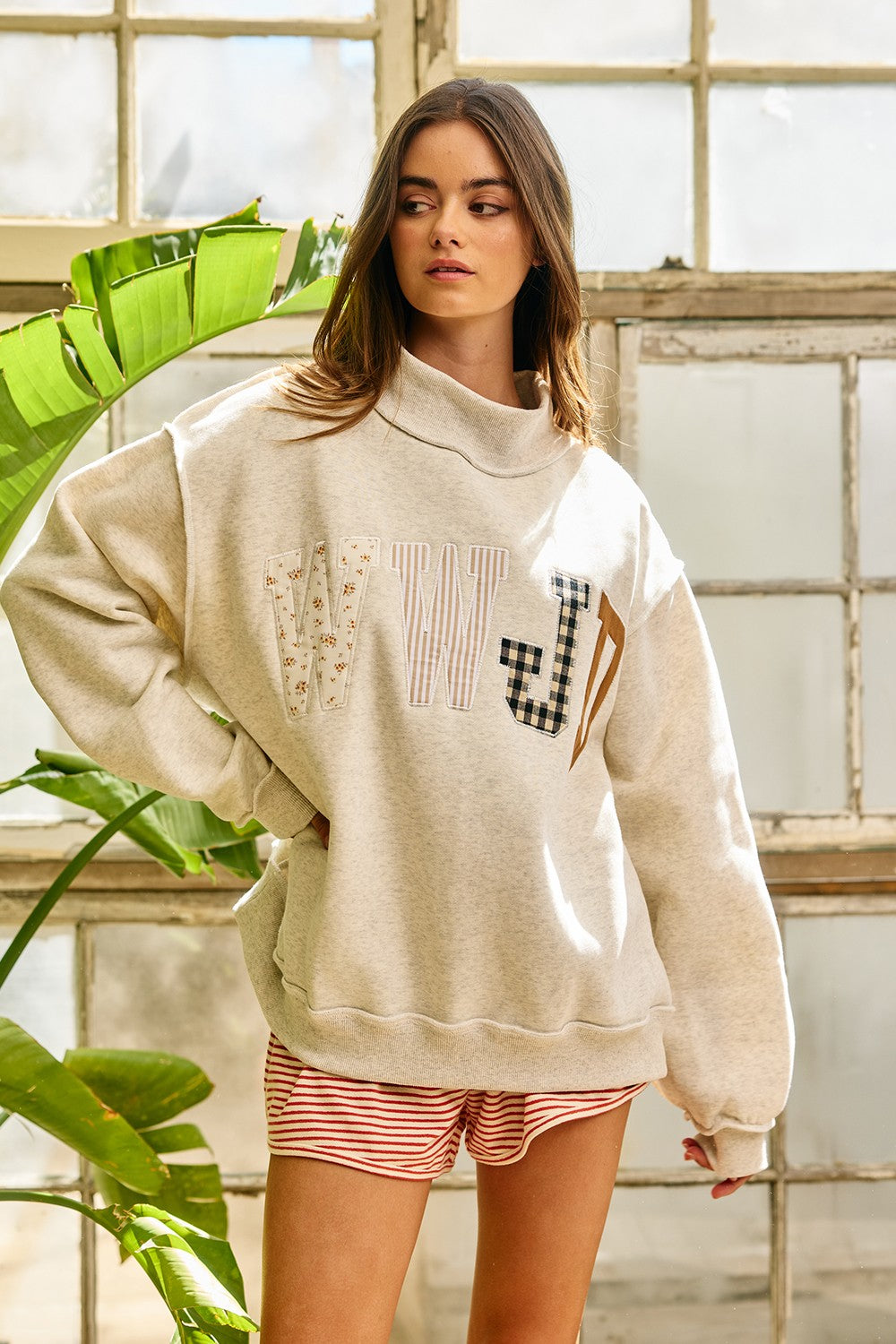 WWJD Embroidered Mock Neck Oversized Sweatshirt