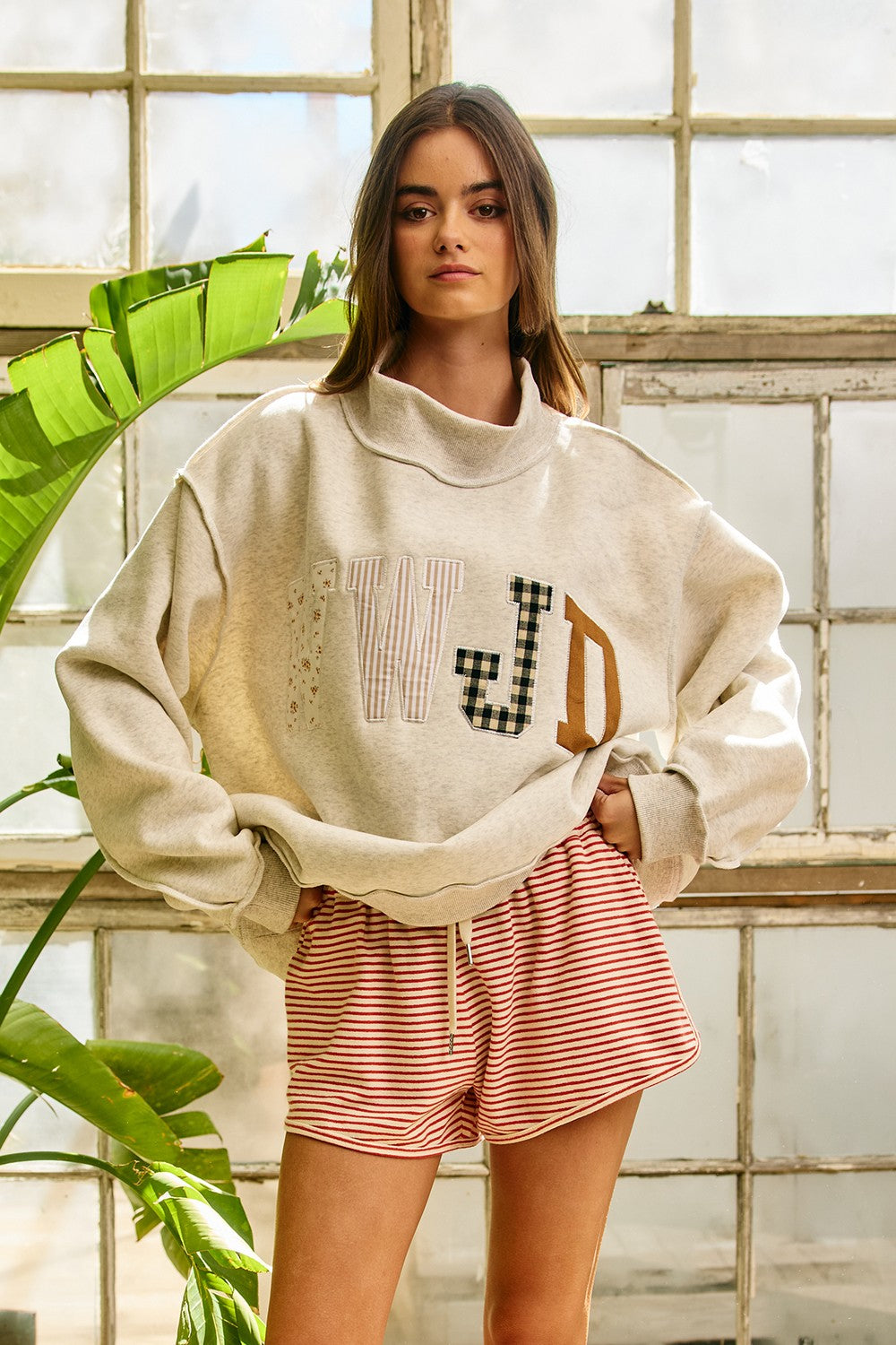 WWJD Embroidered Mock Neck Oversized Sweatshirt