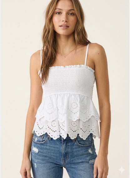 Strapped Smocked Babydoll Top with Two-Tier Eyelet Lace Detail-White