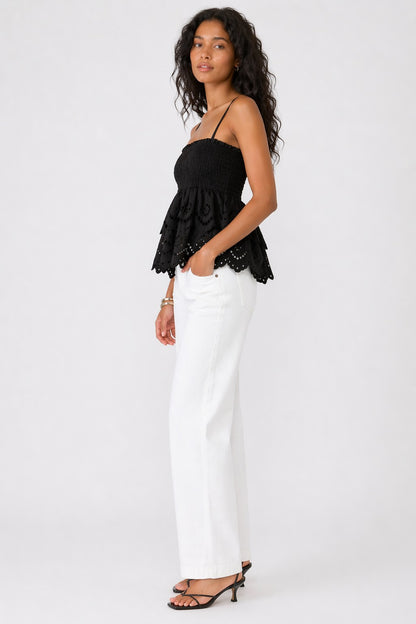 Strapped Smocked Babydoll Top With Two-tier Eyelet Lace Deta-Black