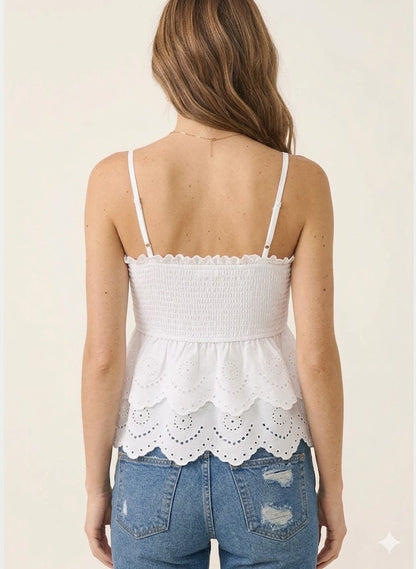 Strapped Smocked Babydoll Top with Two-Tier Eyelet Lace Detail-White