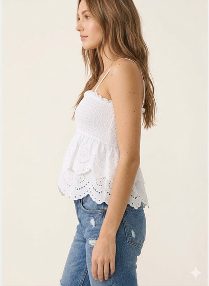 Strapped Smocked Babydoll Top with Two-Tier Eyelet Lace Detail-White