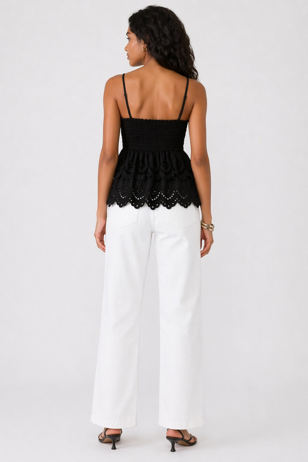 Strapped Smocked Babydoll Top With Two-tier Eyelet Lace Deta-Black