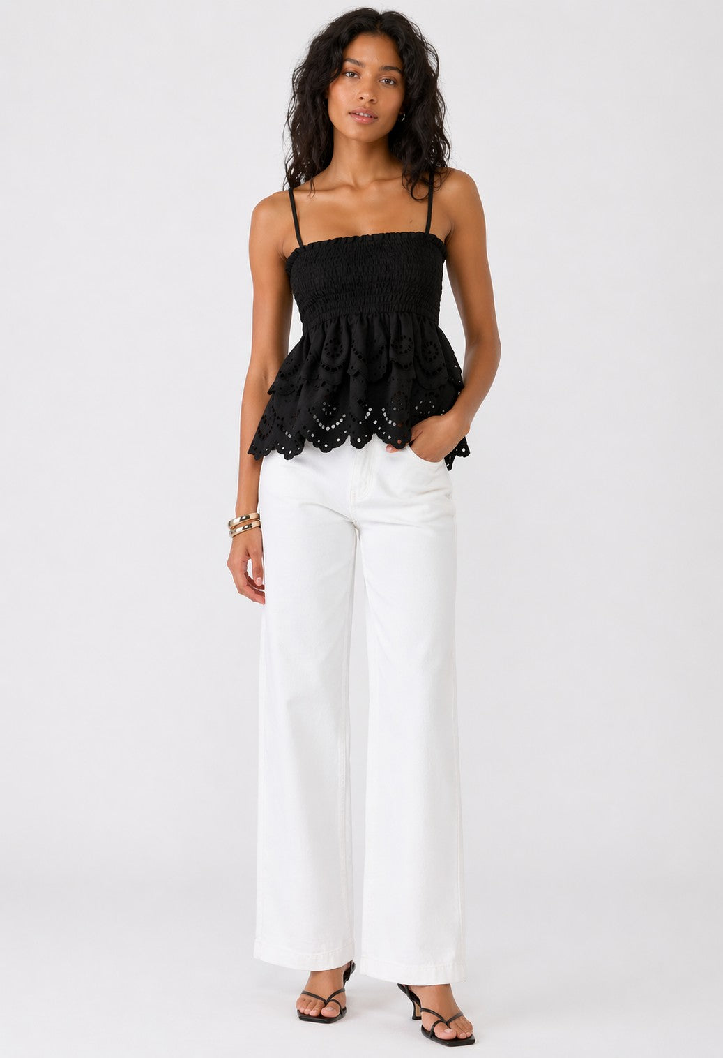 Strapped Smocked Babydoll Top With Two-tier Eyelet Lace Deta-Black