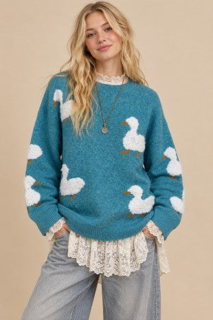 Quack-me-up Cozy Knit Duck Sweater-Teal