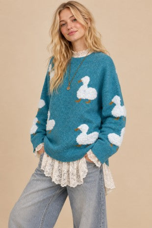 Quack-me-up Cozy Knit Duck Sweater-Teal
