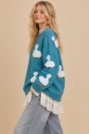Quack-me-up Cozy Knit Duck Sweater-Teal