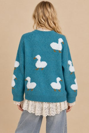 Quack-me-up Cozy Knit Duck Sweater-Teal