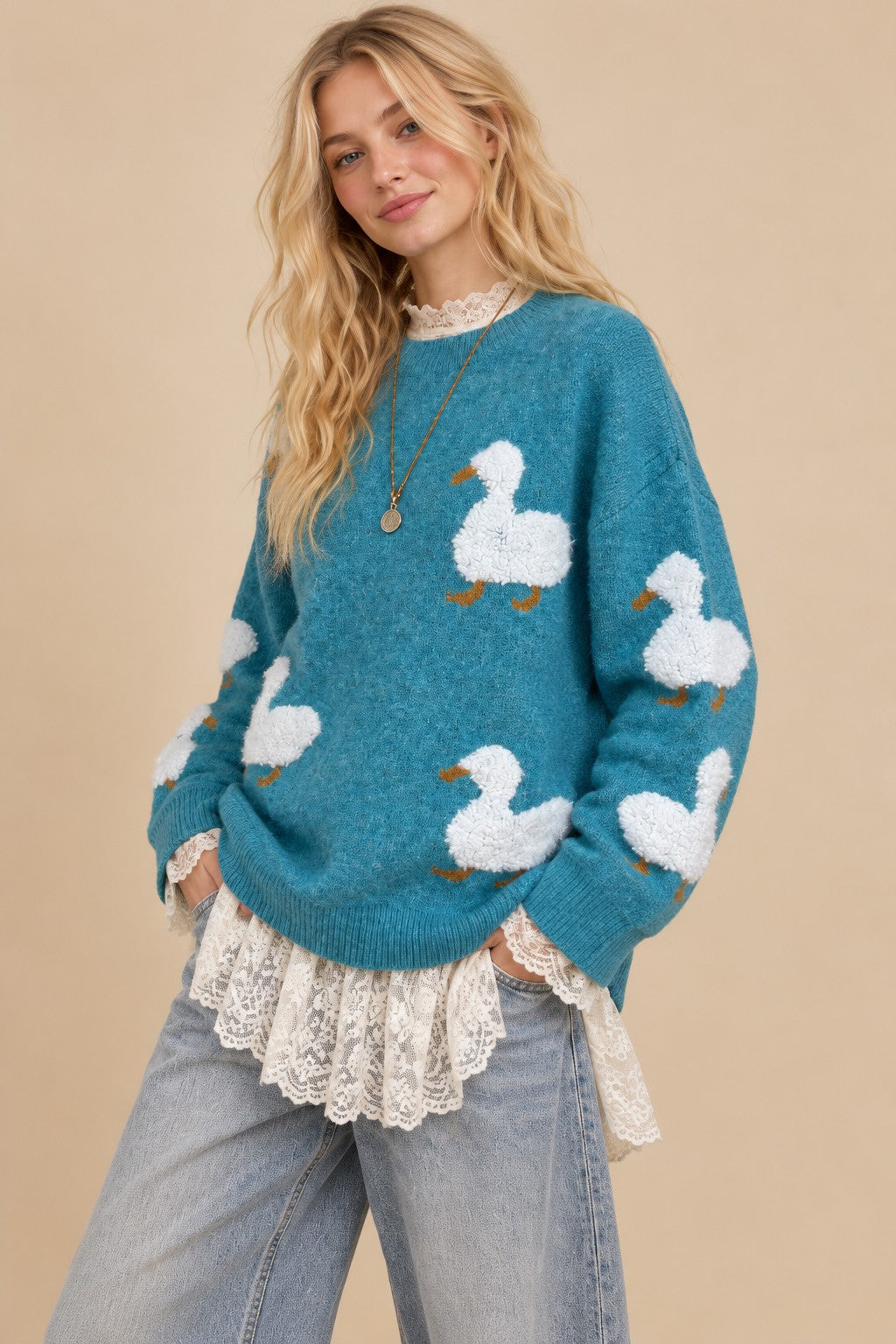 Quack-me-up Cozy Knit Duck Sweater-Teal