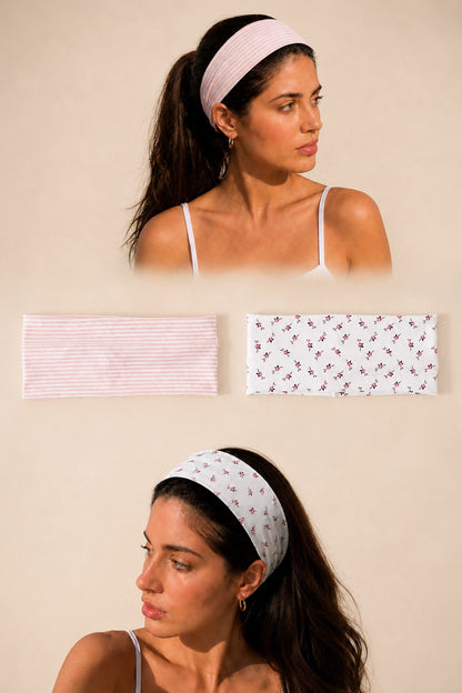 Pink Pinstripe & Floral Printed Headband 2-pc Set