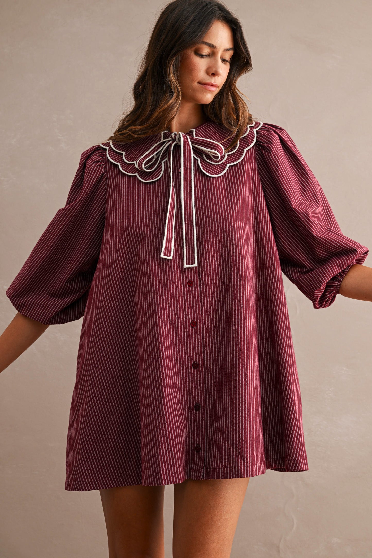 Striped Scalloped Collar Button Down Mini Dress