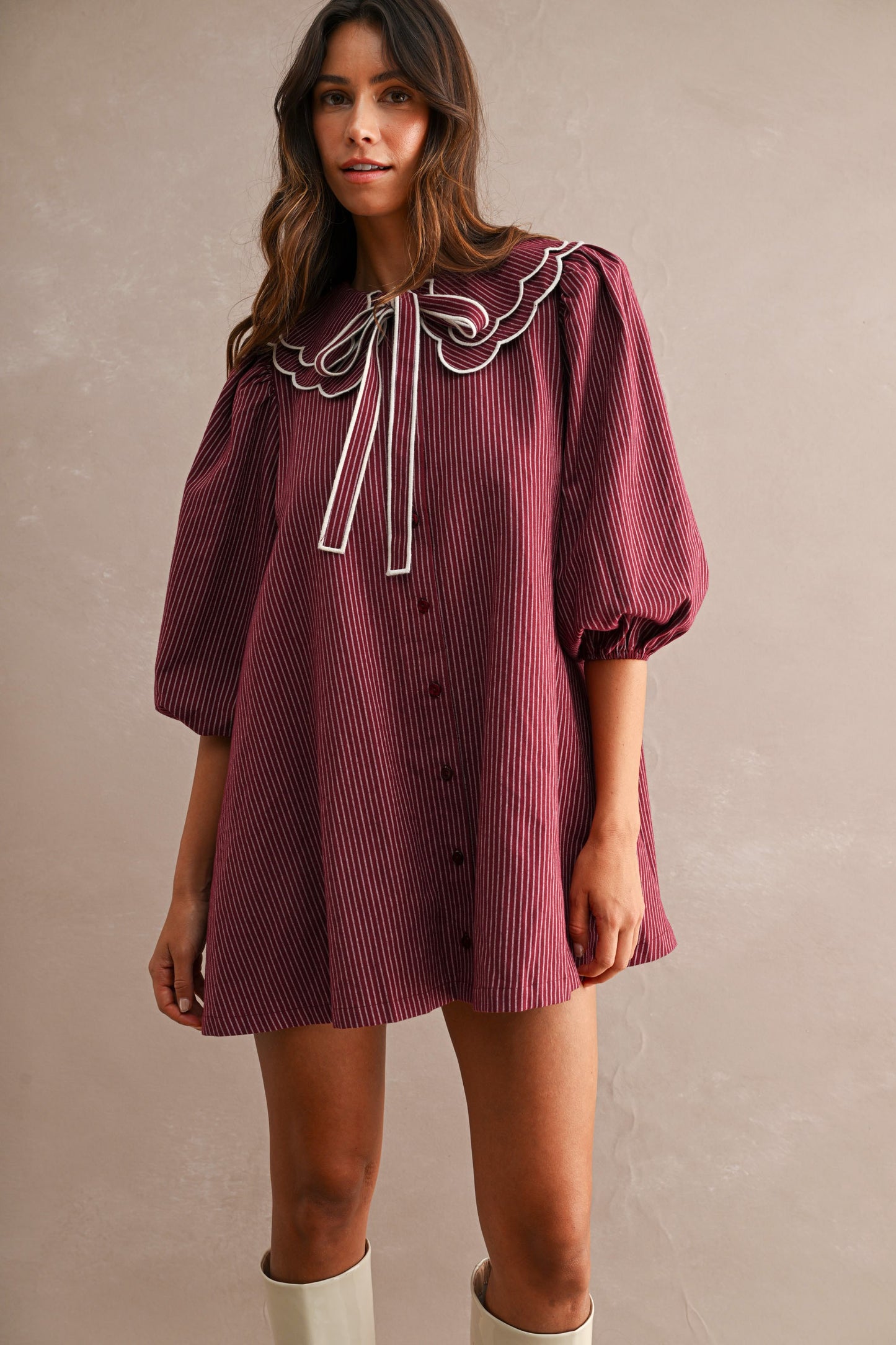 Striped Scalloped Collar Button Down Mini Dress