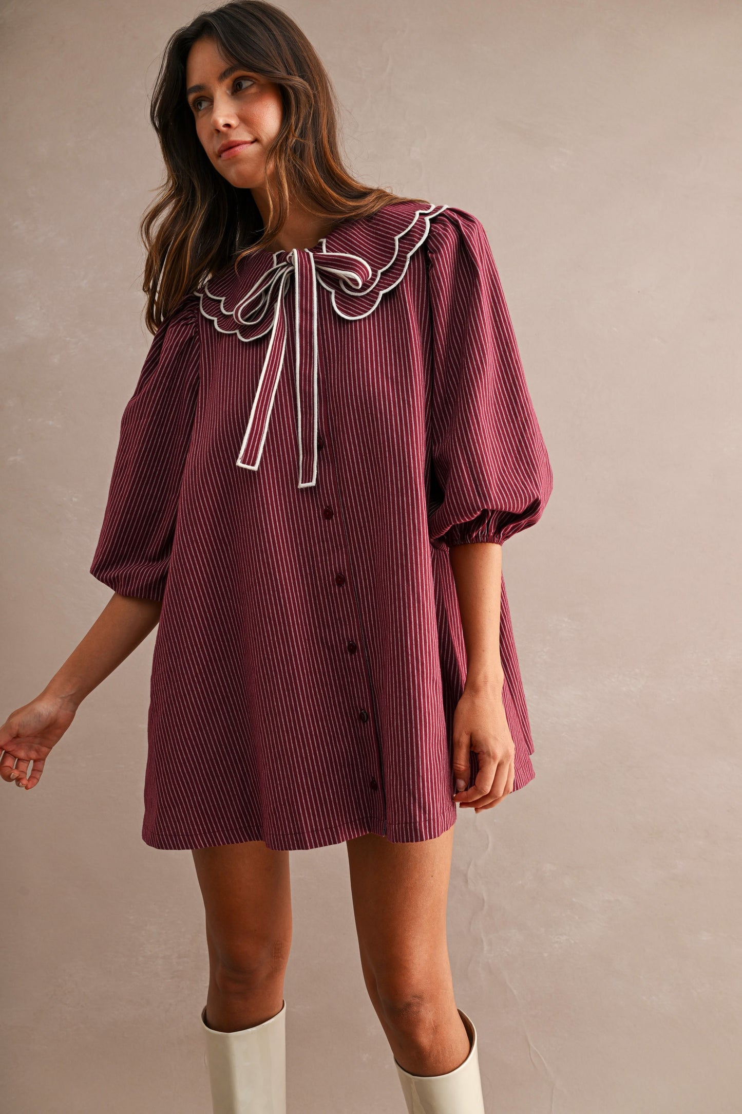 Striped Scalloped Collar Button Down Mini Dress
