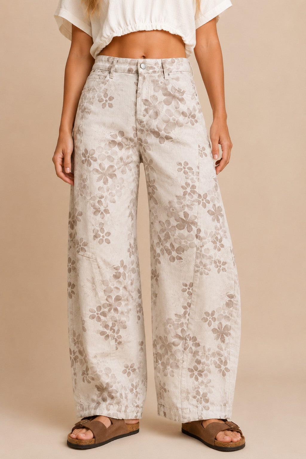 Floral Wide-barrel Leg Jeans -Beige
