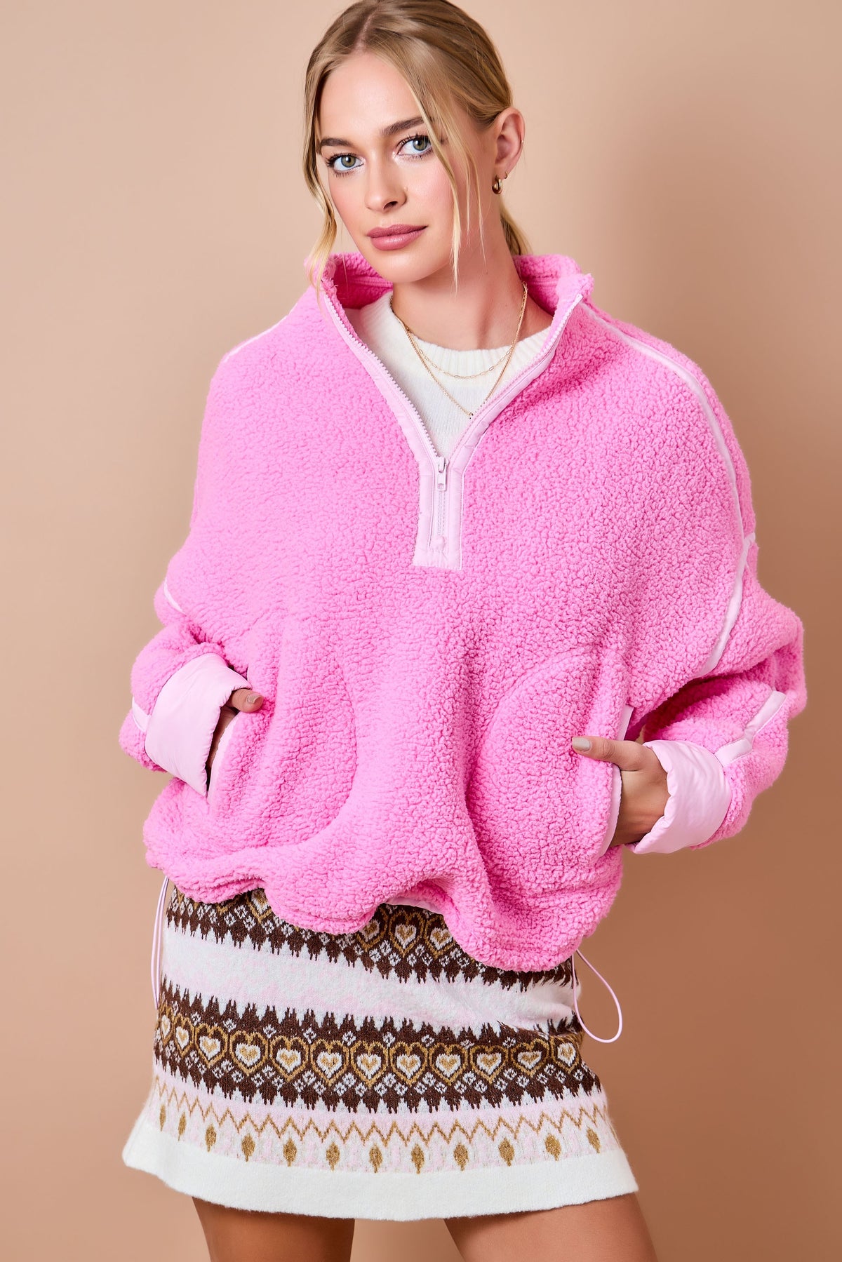 High Half Zip Fleece Pullover With Contrast Color Trim-Hot Pink