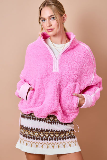 High Half Zip Fleece Pullover With Contrast Color Trim-Hot Pink