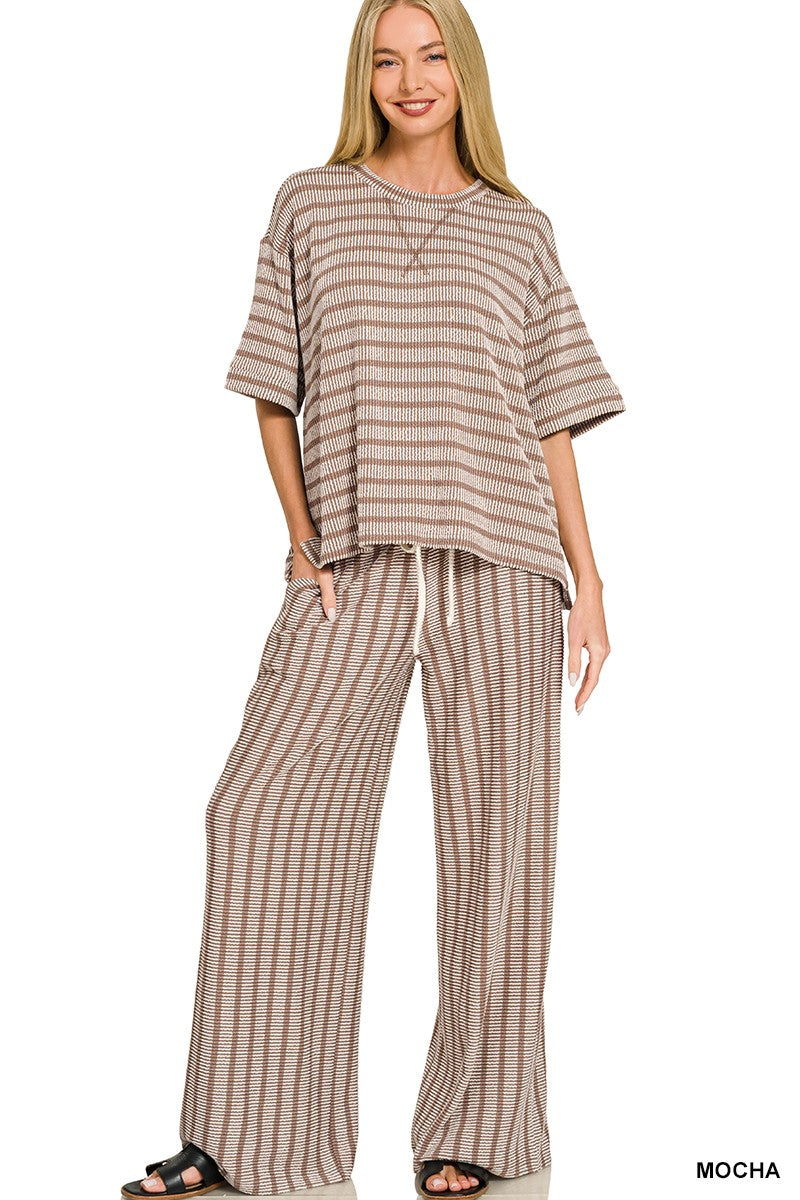 Raised Rib Stripe Short Sleeve Top & Pants Set-Mocha
