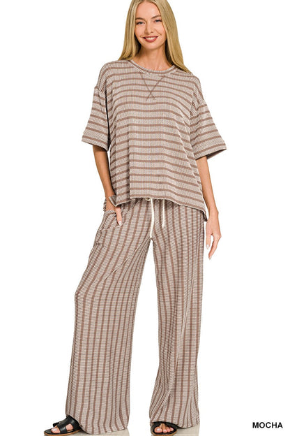 Raised Rib Stripe Short Sleeve Top & Pants Set-Mocha