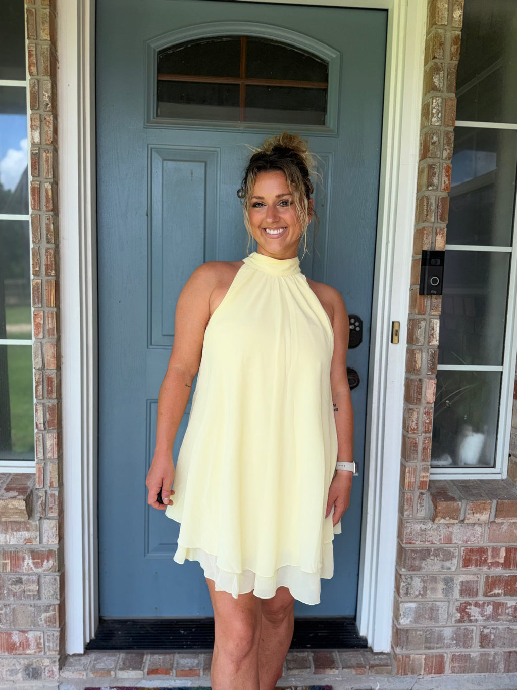 Halter Neck Ruffle Hem Mini Dress Butter Yellow