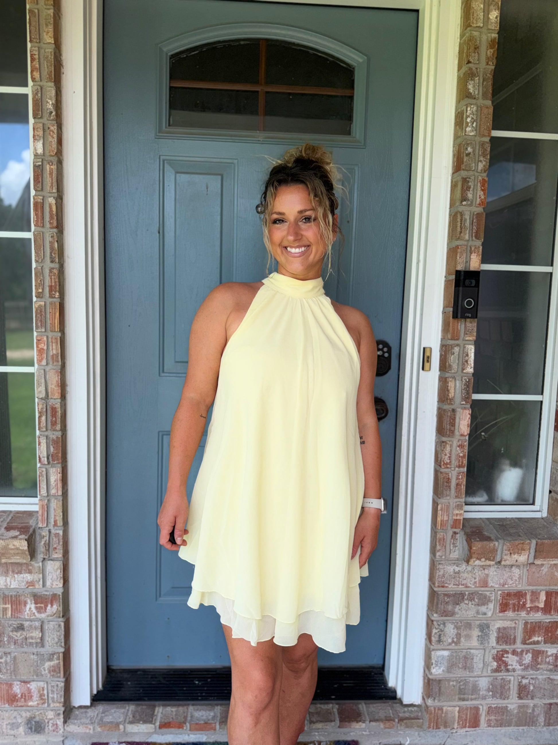 Halter Neck Ruffle Hem Mini Dress Butter Yellow