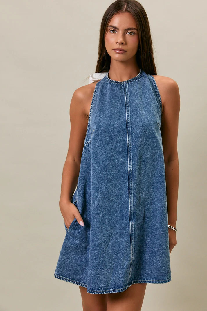 Halter Neck Sleeveless Denim Dress