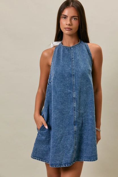 Halter Neck Sleeveless Denim Dress