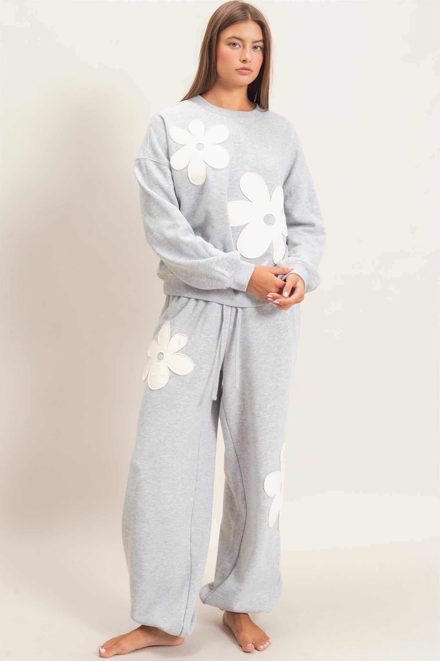 Floral Applique Crew Neck Sweatshirt-Heather Gray