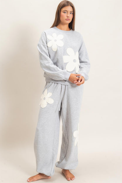 Floral Applique Crew Neck Sweatshirt-Heather Gray