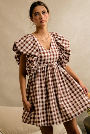 Gingham Bubble Sleeves Back Smocked Dress