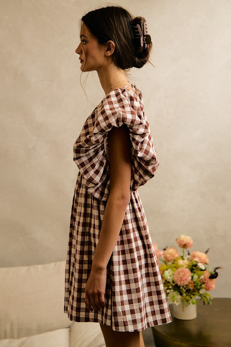 Gingham Bubble Sleeves Back Smocked Dress