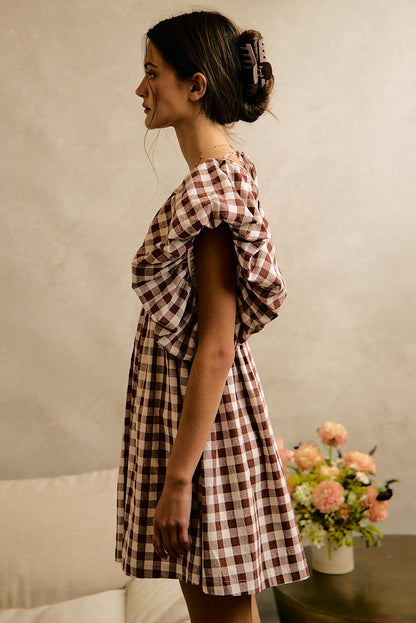 Gingham Bubble Sleeves Back Smocked Dress