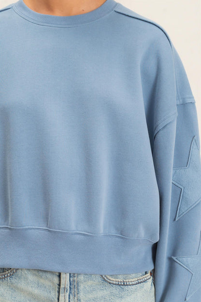 Star Patch Sleeve Sweatshirt Dusty Blue