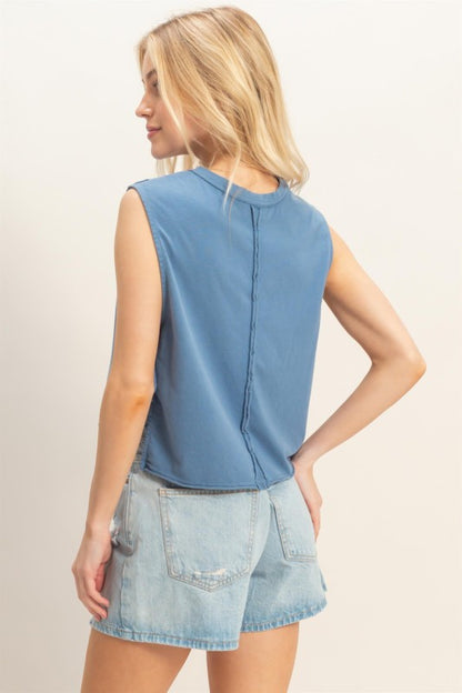 Sleeveless Raw Edge Top in Blue