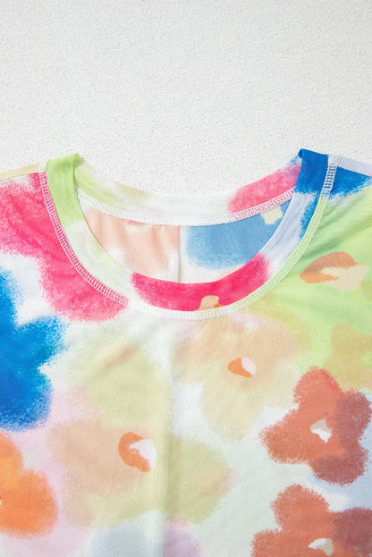 Floral Mesh Lettuce Trim Cropped T Shirt