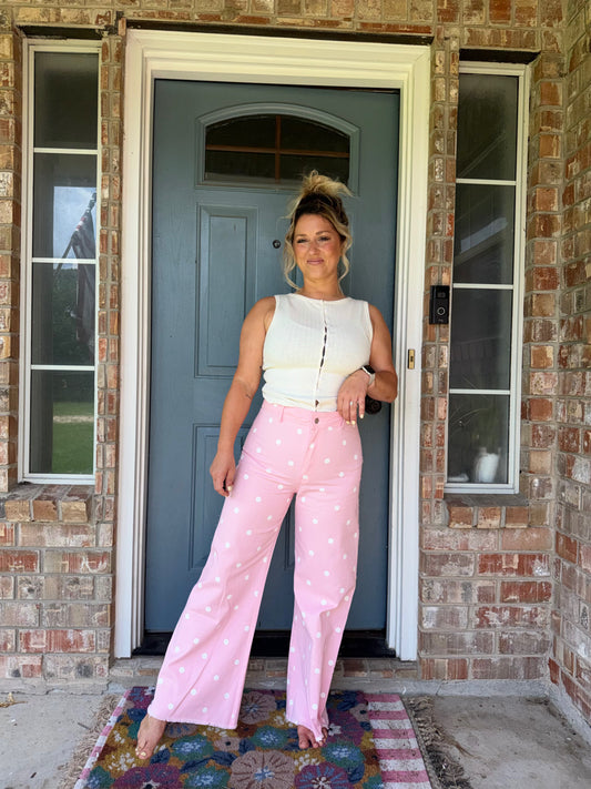 Falling Petals Polka Trouser Relaxed Fit Pants Pink