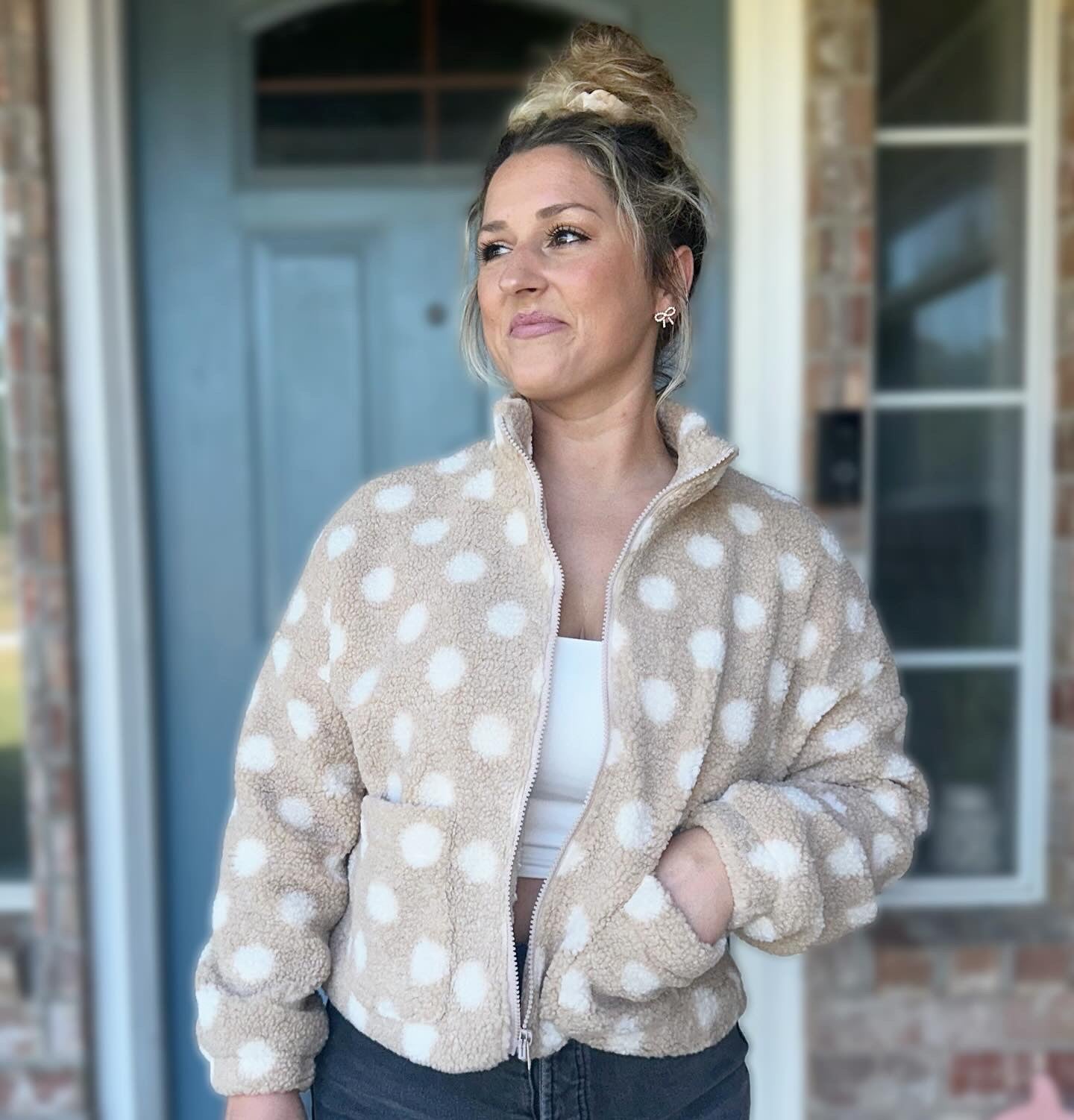 Polka Dot Front Zip Sherpa Jacket